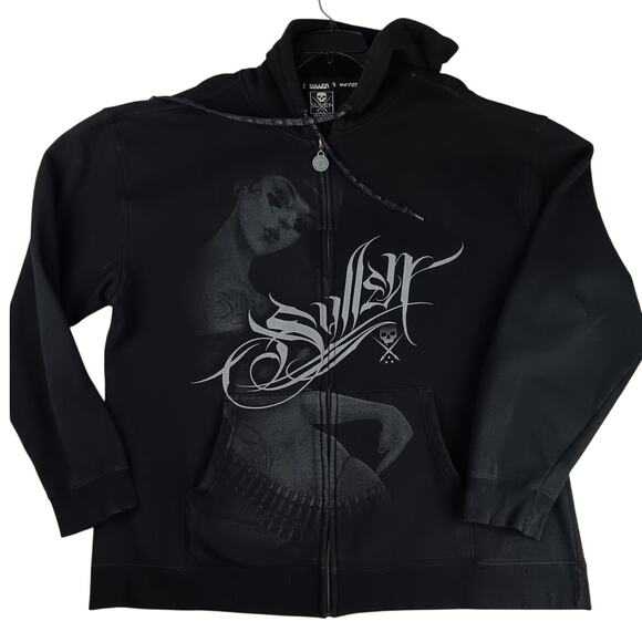 Sullen Art Collective Full Zip Hoodie Mens 2X Black Pin Up Girl Skull Tattoo - Picture 2 of 10